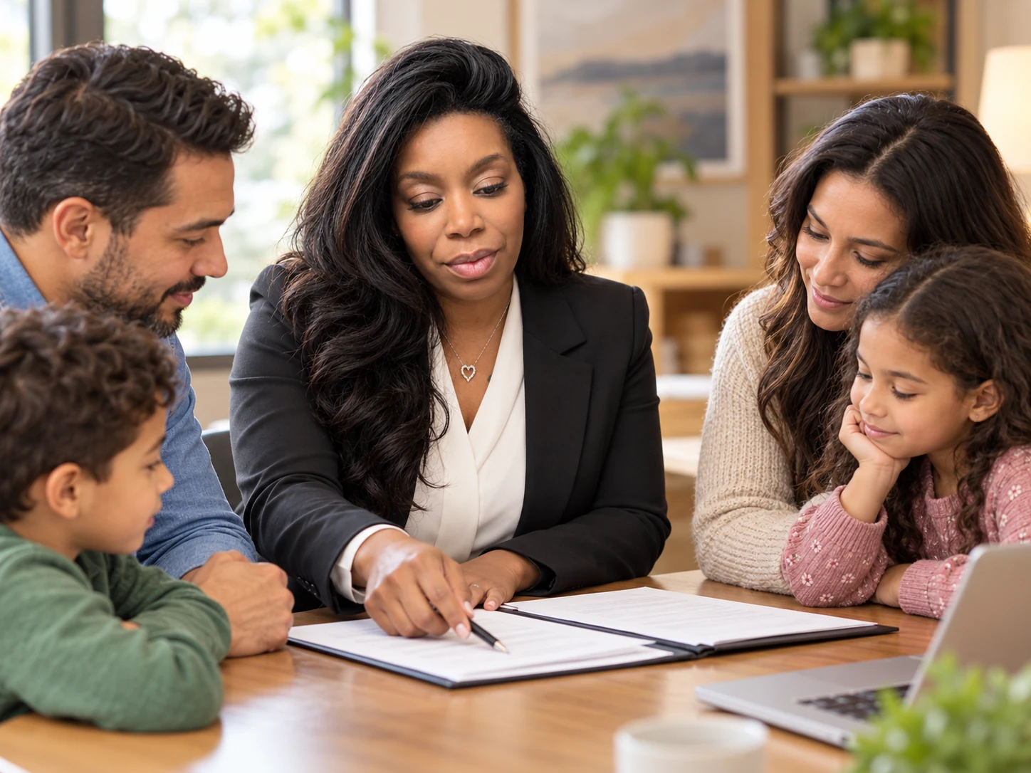 An advocate reviewing an education plan with parents and their two children